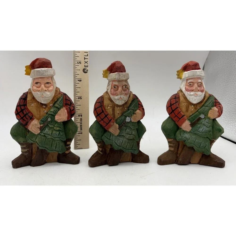 Vintage Carved Wood Santa Claus Figurines Lot 3 Christmas Tree Folk Art 5”